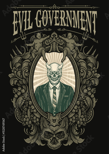 Illustration vintage engraving of a horned skull in a suit, symbolizing evil government with engraving frame.