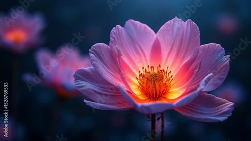 Glowing flower blooms on a dark background, captivating with vibrant colors and delicate details, creating a surreal and magical atmosphere