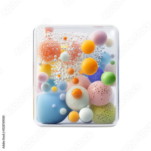 Abstract colorful composition of spheres and bubbles in a transparent container, vibrant shapes and textures