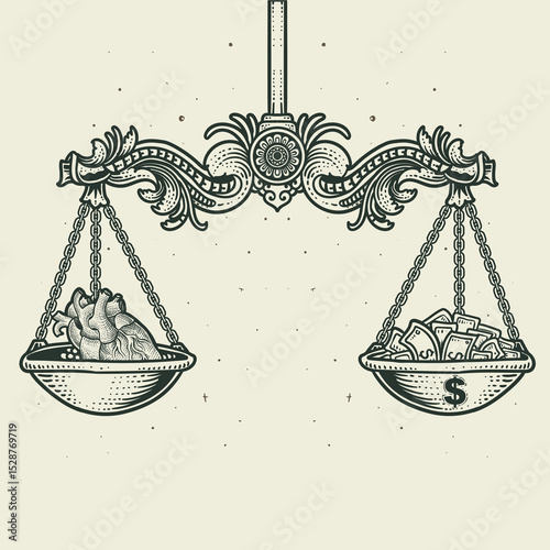 Illustration antique scales weigh hearts and money on black background