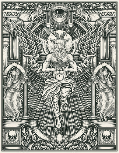 Celestial Goat Guardian holding crown and Wings with engraving ornament border - vector illustration