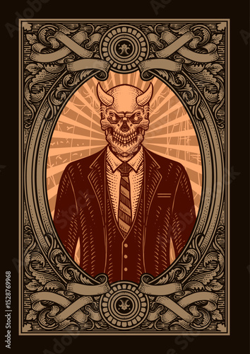 Illustration vintage engraving of a horned skull in a suit, symbolizing evil government with engraving frame.
