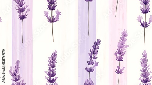 Minimalist pattern of lavender sprigs on lilac and white vertical stripes, clean modern design, fresh and elegant. Created Using: digital illustration, minimal design, pastel palette, clean lines,