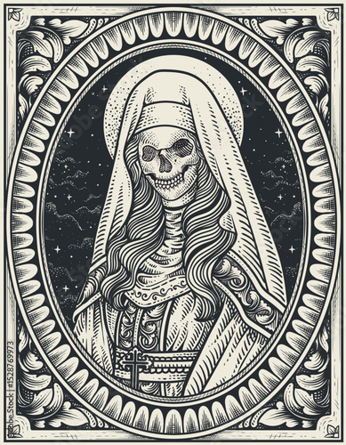 Illustration Sacred Death Nun skull with engraving ornament frame - Vector Design
