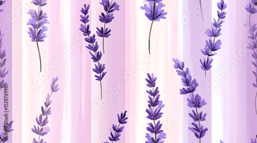 Minimalist pattern of lavender sprigs on lilac and white vertical stripes, clean modern design, fresh and elegant. Created Using: digital illustration, minimal design, pastel palette, clean lines,