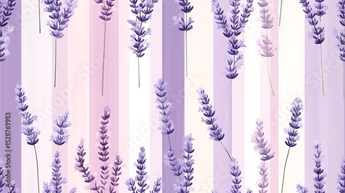 Minimalist pattern of lavender sprigs on lilac and white vertical stripes, clean modern design, fresh and elegant. Created Using: digital illustration, minimal design, pastel palette, clean lines,