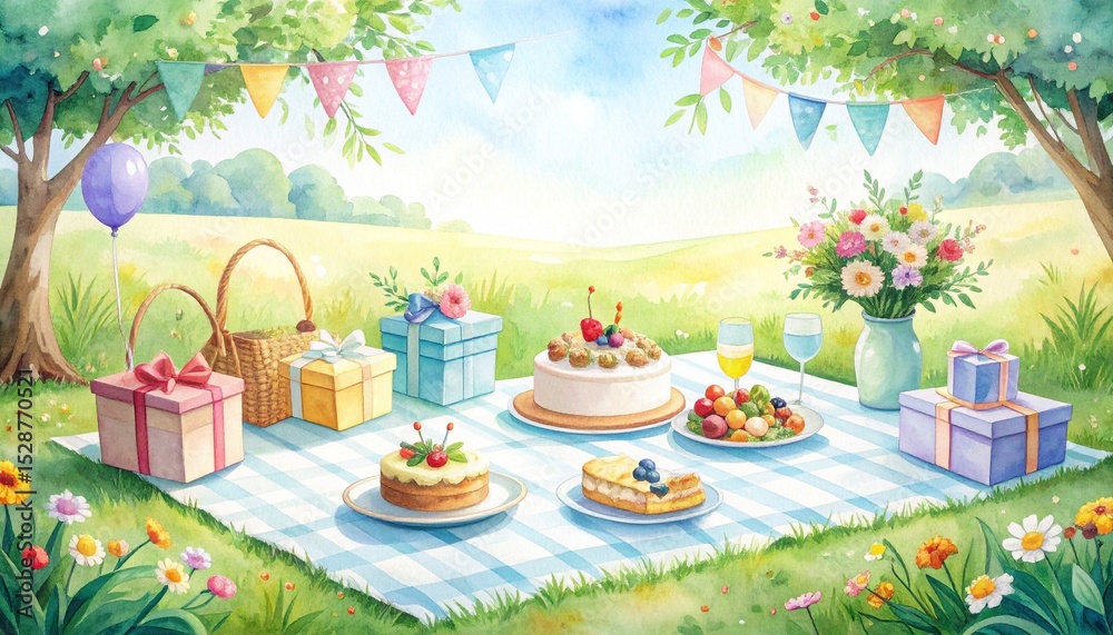 Obraz premium Whimsical watercolor scene of birthday picnic in nature: blanket, cake, gifts, sunshine, and party decorations in soft pastel tones, textured paper background