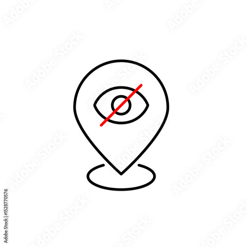 Vector icon of crossed-out eye on map pointer, symbolizing hidden location, private navigation, or invisible tracking. Ideal for map apps, privacy settings, and geolocation services