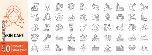 Skin care collections editable stroke outline web icons set. Skin care, cream, oil, treatment, cosmetic, beauty, facial, anti-aging, sun protection and more... Vector illustration