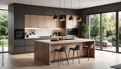 Modern kitchen interior with island and garden view with minimalist design  and home decor.