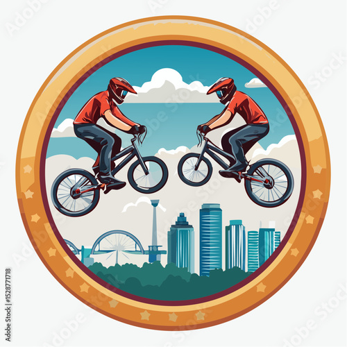 Badge vector design of two BMX riders crossing in mid-air with urban skyline behind