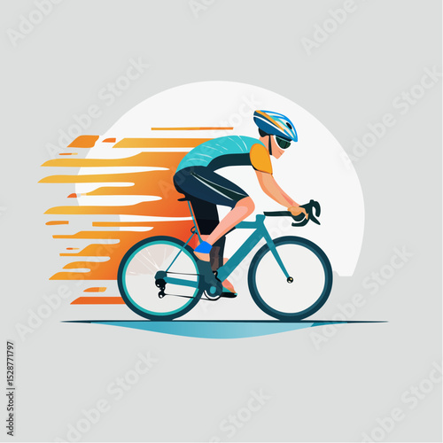 Minimalist flat design of a road cyclist in racing position, speed effect lines and clean geometric shapes, for competitive cycling t-shirt