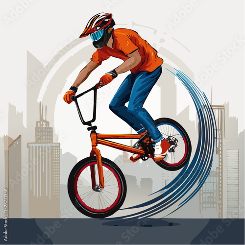 Vector illustration of a cyclist performing a backflip on a BMX bike, dynamic pose with motion lines and urban background, perfect for freestyle t-shirt