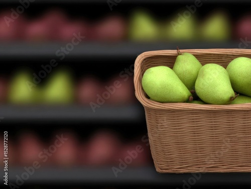 Fresh pears in a basket displayed in a grocery store