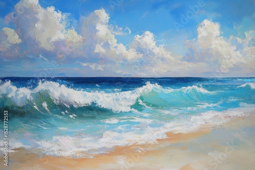 Waves crash on sunlit beach shore creating a relaxing atmosphere under the clear blue sky, Waves Over Beach Shore On Sunny Day