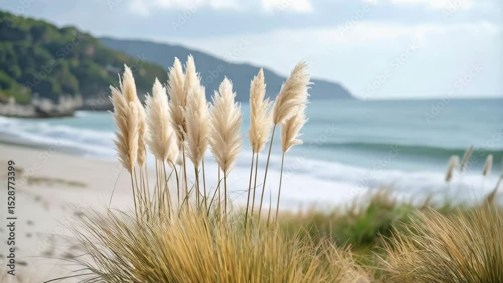 Coastal beach scene with pampas grass blowing in the breeze with ocean waves rolling to shore and distant mountains