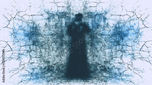 An abstract representation of depression, swirling dark blues and muted grays, a solitary human silhouette dissolving into smoke.
