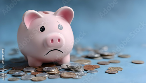A sad piggy bank surrounded by coins, representing financial struggles and the importance of saving money.