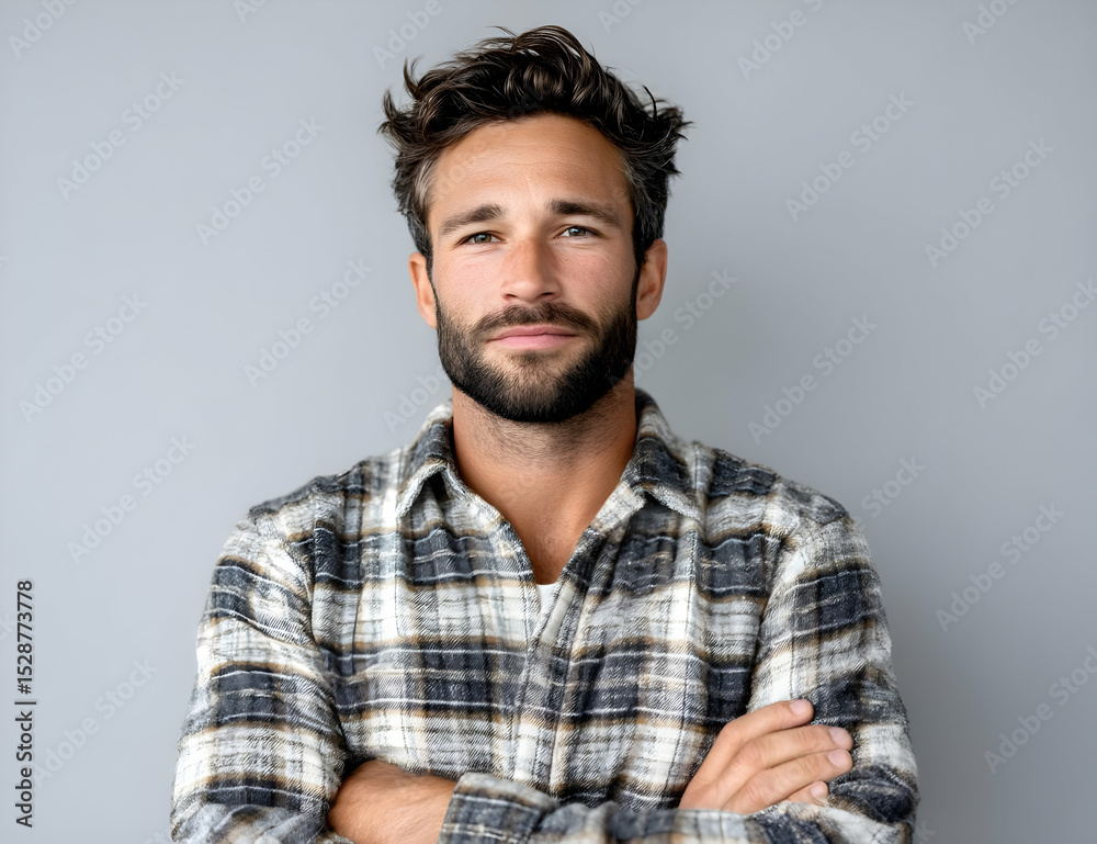 Confident young man wearing a plaid shirt, with arms crossed, against a neutral background, exuding self-assurance. Confident young man wearing a plaid shirt, with arms crossed, against a neutral background, exuding self-assurance.