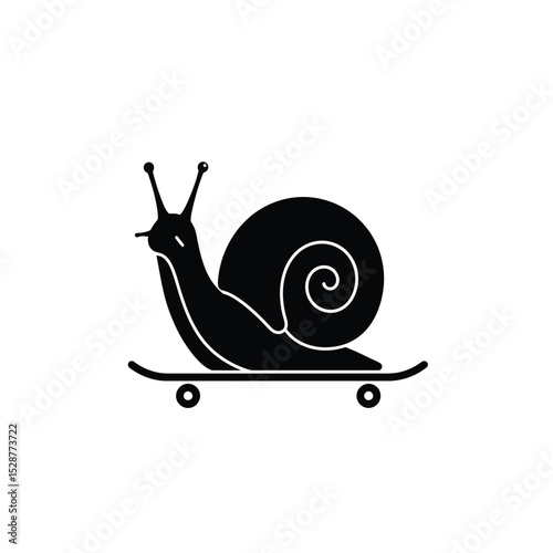 Snail on Skateboard: A black and white illustration of a whimsical snail riding a skateboard, combining nature and urban fun, suggesting playfulness and unique charm.