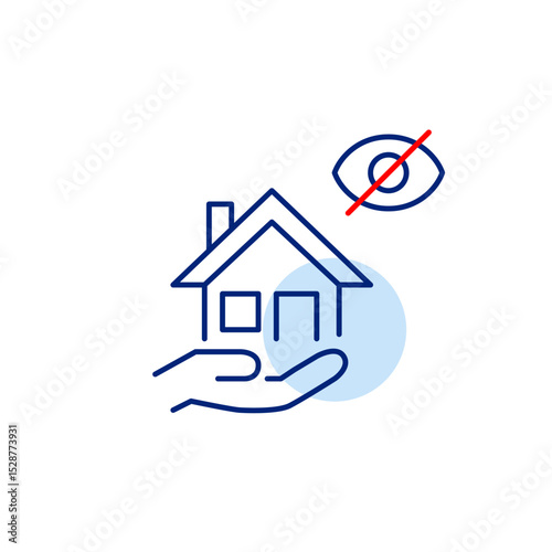 Vector icon of house in hand with crossed-out eye, symbolizing protected privacy, confidential ownership, or hidden property care. Ideal for real estate, insurance apps, and privacy services
