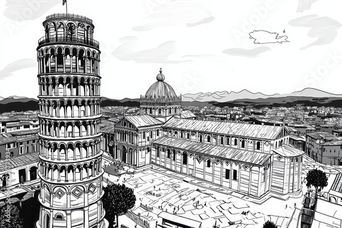 View of leaning tower and cathedral in Pisa with surrounding landscape during daytime, The Cathedral of Pisa and The Leaning Tower