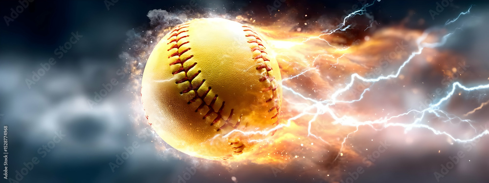 Fototapeta premium A dynamic image of a flying softball with energy bursts and lightning effects, capturing the thrill of the game.