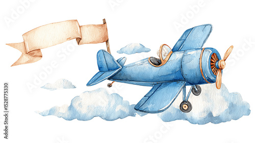 Blue Watercolor Airplane with Banner Flying Above Clouds, PNG