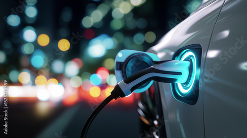 Close-up of electric vehicle charging plug connected at night in city lights.
 photo
