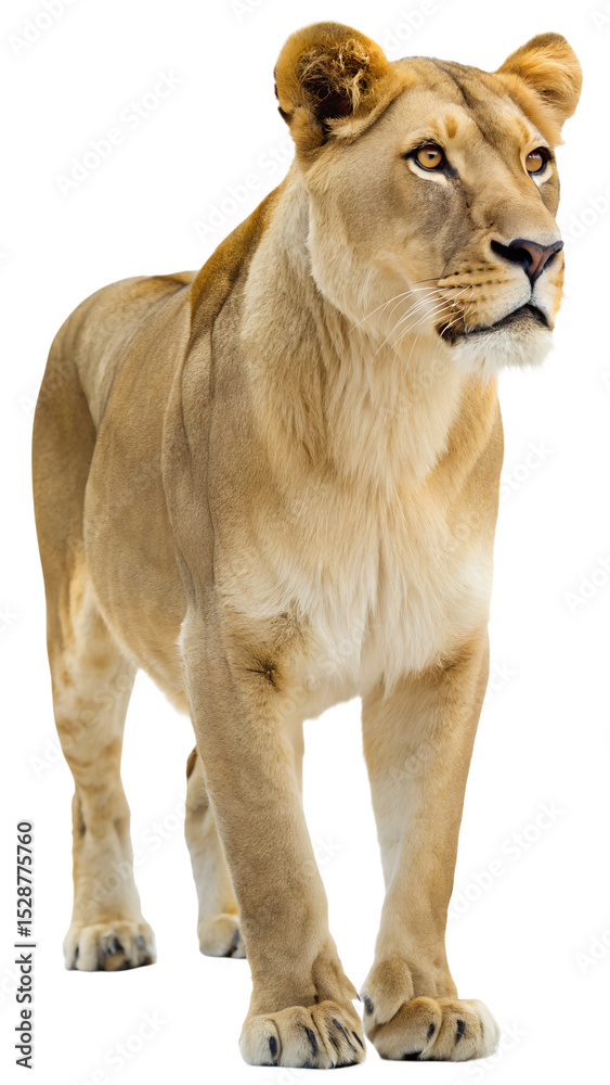 Obraz premium Female Lioness Isolated on Transparent Background, Standing