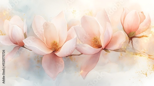 Artistic watercolor of pastel magnolias, soft blush and cream petals blending into each other, flowing brushstrokes on textured paper, subtle gold accents. Created Using: fine art watercolor,