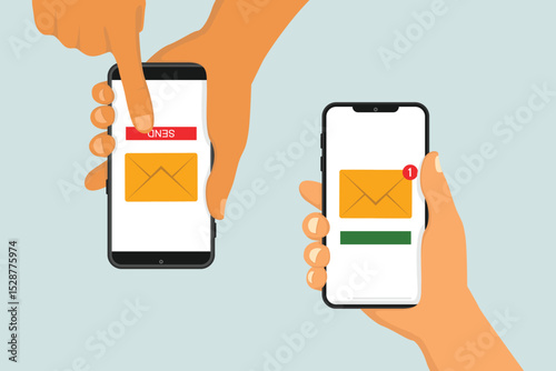 Two hands holding a smartphone with new message sending and new message notification on the screen. The phone gives an alert about new email.