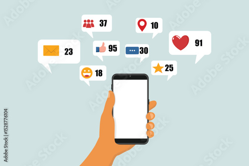 Hand holding phone with social media icons, community, like, share, message, star, emoji, location, like, email. Communication and social networking concept, for websites and banners.