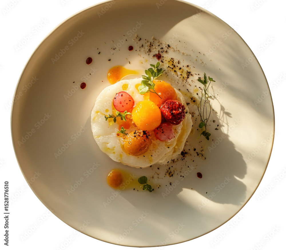 Ricotta salad with melon balls and herb garnish on white plate Ricotta salad with melon balls and herb garnish on white plate
