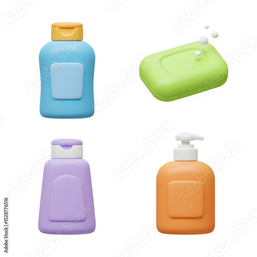 Colorful hygiene product set blue purple orange bottles and green soap bar with bubbles