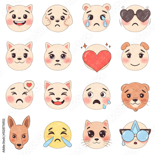 Diverse Emoji Collection Expressive Faces with Animal Features and Heart Accents