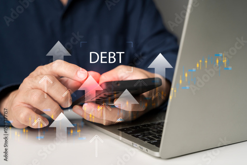 Increasing mobile debt concept with financial chart and digital economy pressure shown on smartphone screen