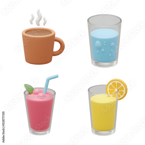 Four stylized beverages hot coffee bubbly water pink smoothie and lemonade