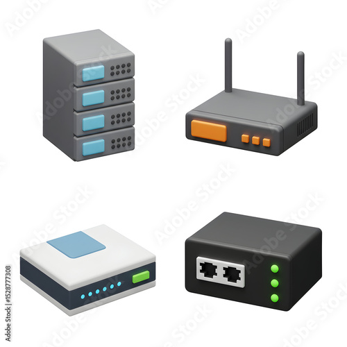 Four stylized network devices server router switch and hub