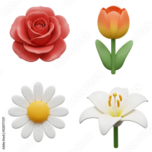 Four stylized flowers a red rose orange tulip white daisy and white lily