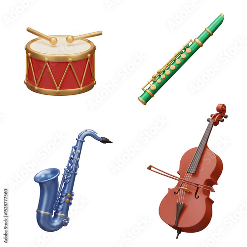 Four unique musical instruments red drum green flute blue saxophone and brown cello