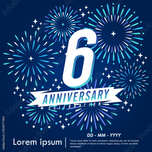 6th years anniversary celebration emblem. congratulations anniversary logo isolated with ribbon and fireworks sparkle on blue background. vector illustration template design for web	

