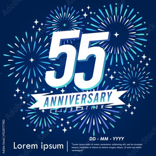55th years anniversary celebration emblem. congratulations anniversary logo isolated with ribbon and fireworks sparkle on blue background. vector illustration template design for web	
