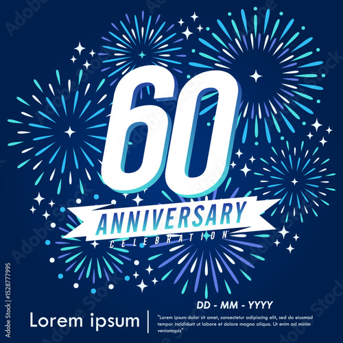 60th years anniversary celebration emblem. congratulations anniversary logo isolated with ribbon and fireworks sparkle on blue background. vector illustration template design for web	

