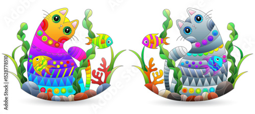 A set of stained glass illustrations with cats and  fish , animals isolated on a white background