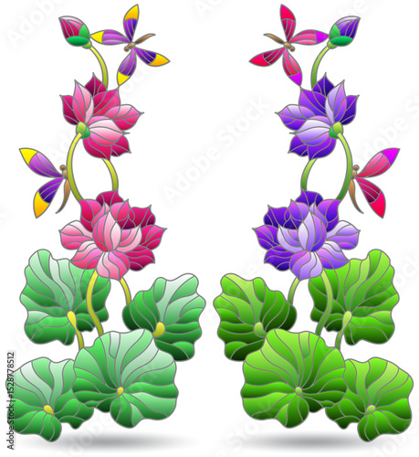 A set of stained glass illustrations with flowers, lotus flower leaves and dragonflies, isolated on a white background