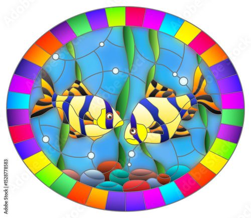 Illustration in stained glass style with a pair of barbs on the background of water and algae, oval image in bright frame