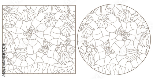 A set of contour illustrations in the style of stained glass with flowers of butterfly bells, dark outlines on a white background