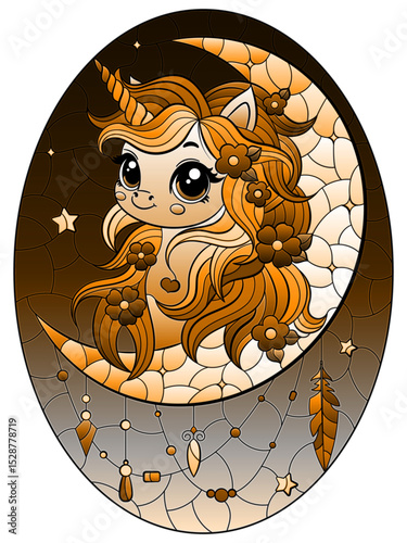 A stained glass illustration with a cute cartoon unicorn and a moon on a starry sky background, oval image, tone brown