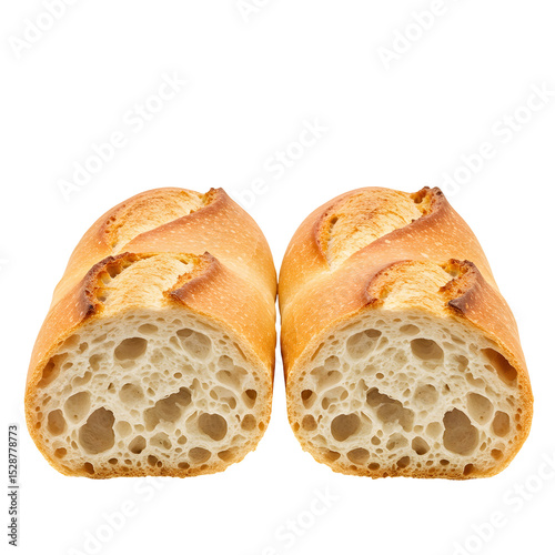 Sliced Baguette Halves Displaying Airy Interior Texture and Golden Crust Detail